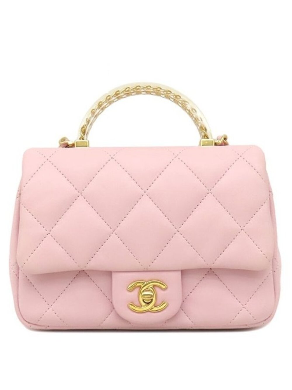 Chanel 2-Way Bag Quilted Top Handle Mini Lambskin Baby Pink Gold Chain Shoulder